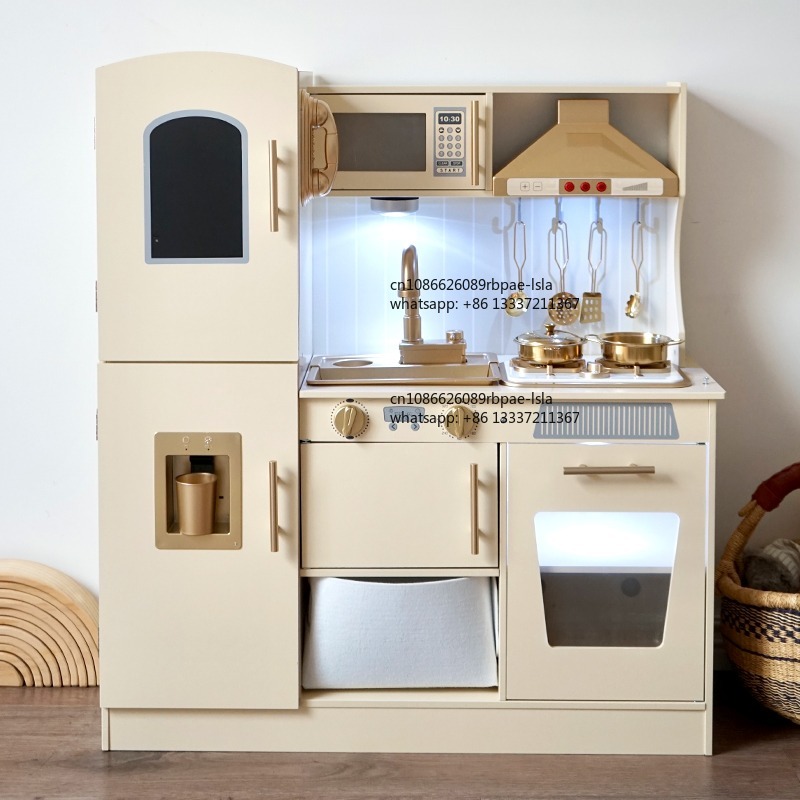 Kids Toys Kitchen Set - ชุดครัวไม้เสริมพัฒนาการสำหรับเด็กเล่น พร้อมไมโครเวฟจำลอง มีเสียงและแสงเสมือนจริง ของเล่นสำหรับเด็กชาย เด็กหญิง และเด็กเล็ก