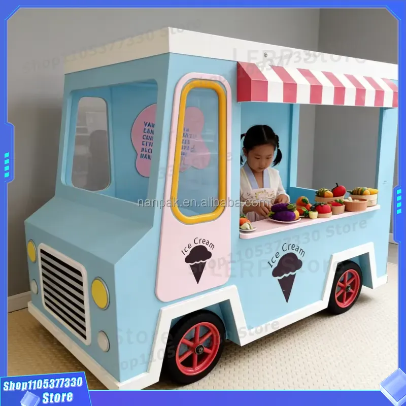 Kids Toys Mall - รถเข็นไอศกรีมไม้พร้อมล้อสำหรับเด็ก อุปกรณ์สนามเด็กเล่นในร่ม ของเล่นเสริมพัฒนาการ คอสเพลย์ ของตกแต่งสำหรับร้านกาแฟ ห้างสรรพสินค้า